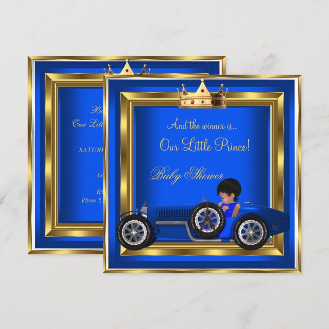 Invitation Fête de naissance Prince Bébé Bleu Or Garçon Voitu (Devant / Derrière)
