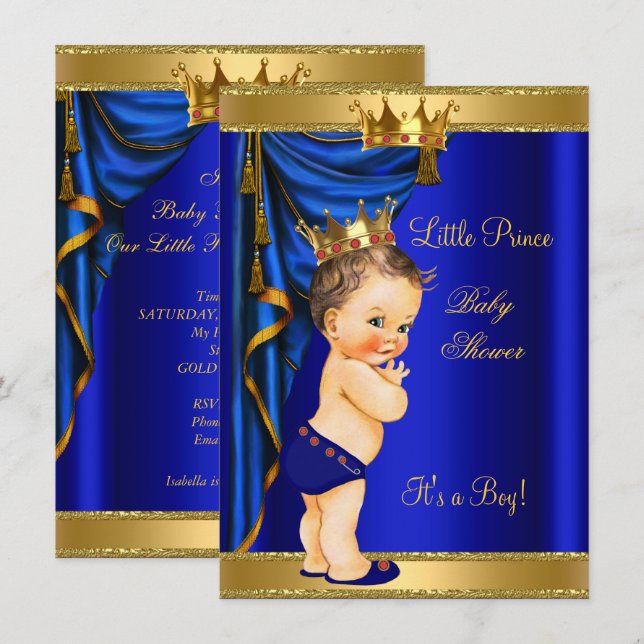 Invitation Fête de naissance Prince Bébé Bleu Or Rouge Brune (Devant / Derrière)