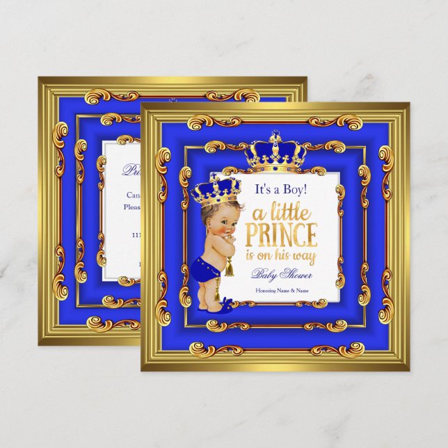 Invitation Fête de naissance Prince Bébé Cadre Bleu Royal Or  (Devant / Derrière)