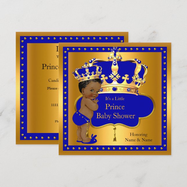 Invitation Fête de naissance Prince Bébé Couronne Royale Bleu (Devant / Derrière)