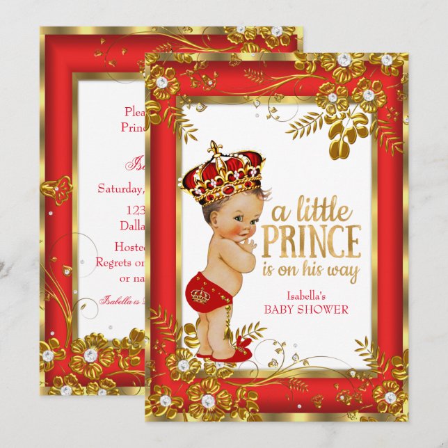 Invitation Fête de naissance Prince Bébé Filleul Rouge Or Bla (Devant / Derrière)