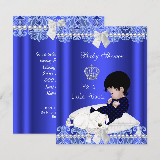 Invitation Fête de naissance Prince Bébé Garçon Bleu Dentelle (Devant / Derrière)