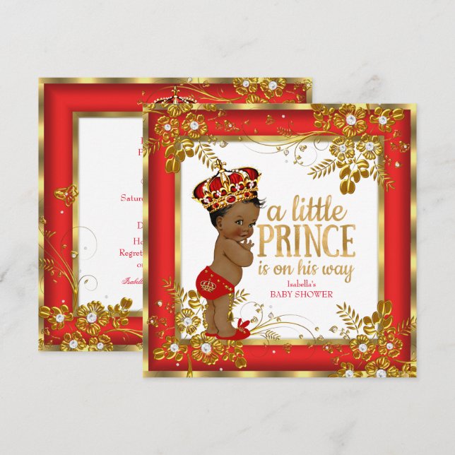 Invitation Fête de naissance Prince Bébé Garçon Rouge Or Blan (Devant / Derrière)