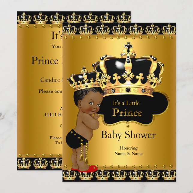 Invitation Fête de naissance Prince Bébé Rouge Noir Or (Devant / Derrière)