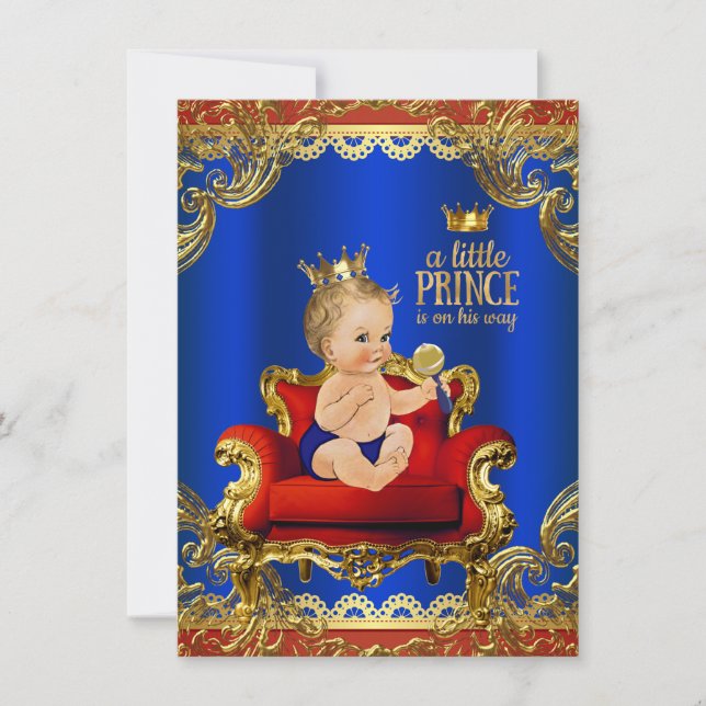 Invitation Fête de naissance Prince Bébé Royal Bleu Or Chaise (Devant)