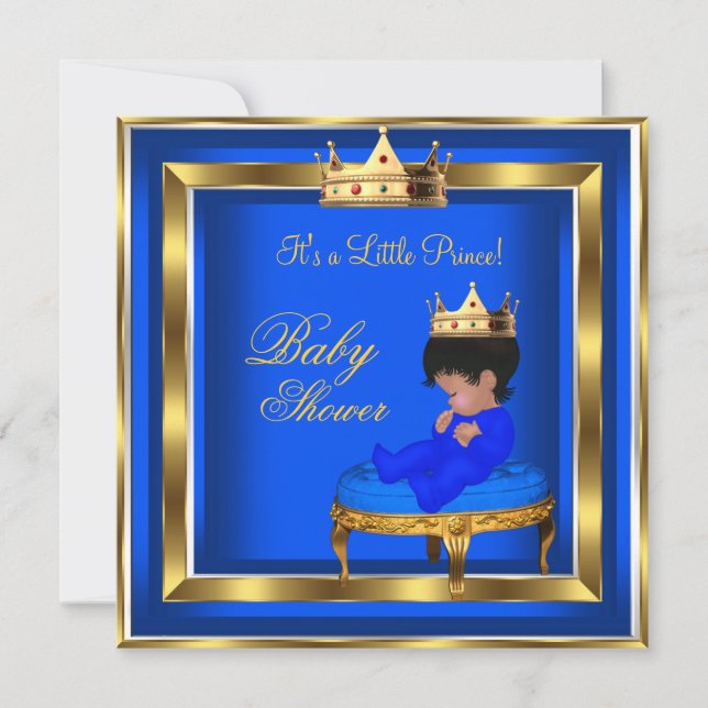 Invitation Fête de naissance Prince Bébé Royal Bleu Or Couron (Devant)