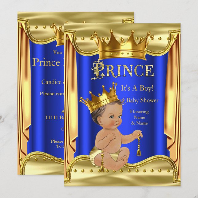 Invitation Fête de naissance Prince Bleu Royal Bébé Filleul B (Devant / Derrière)