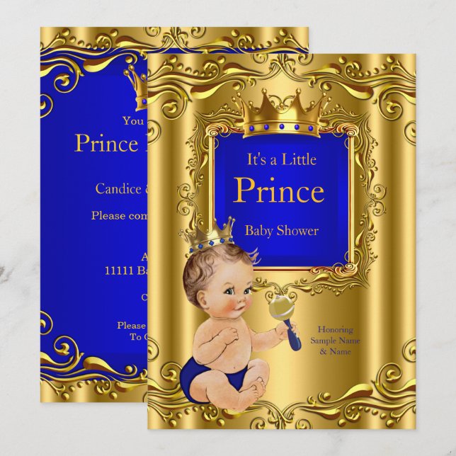 Invitation Fête de naissance Prince Bleu Royal Couronne Dorée (Devant / Derrière)