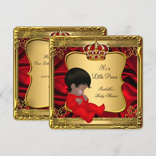 Invitation Fête de naissance Prince Boy Afro-Américain Rouge  (Devant / Derrière)
