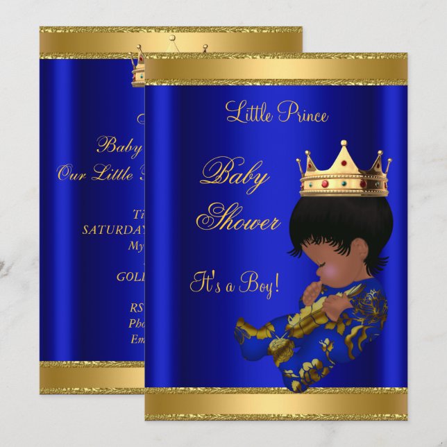 Invitation Fête de naissance Prince Boy Bébé Bleu Ethnique (Devant / Derrière)