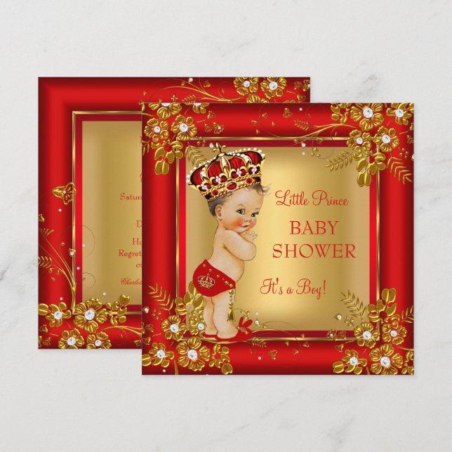 Invitation Fête de naissance Prince Boy Bébé Brunette Or Roug (Devant / Derrière)