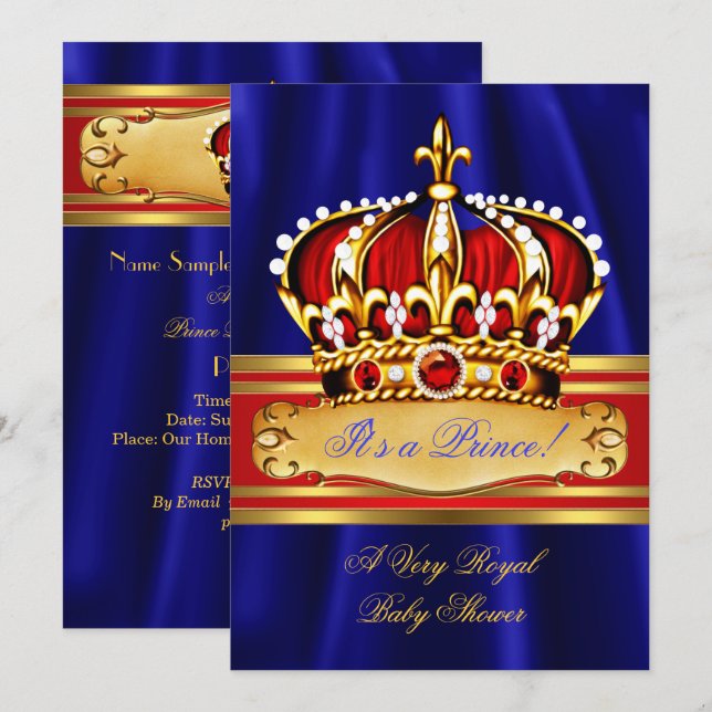 Invitation Fête de naissance Prince Boy Couronne Rouge Royale (Devant / Derrière)