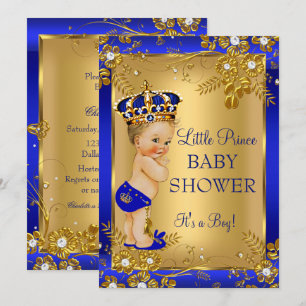 Invitation Fête de naissance Prince Boy Gold Blue Floral Blon
