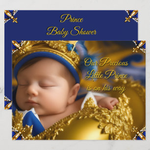 Invitation Fête de naissance Prince élégant bleu royal en or