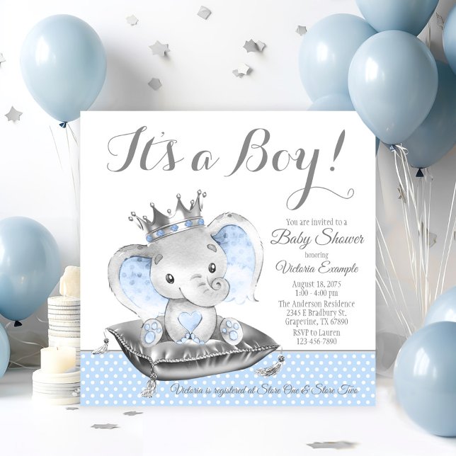 Invitation Fête de naissance Prince Éléphant Garçon (Adorable baby boy elephant prince baby shower invitation. Simply add your event details.)