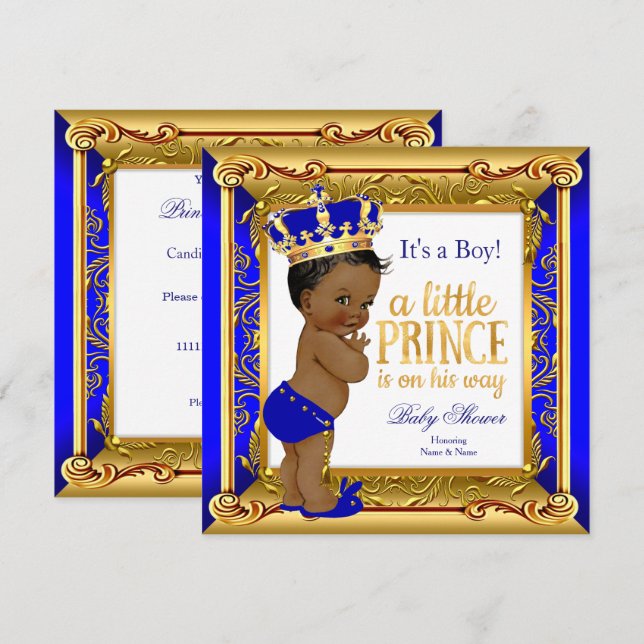 Invitation Fête de naissance Prince Ethnique Bleu Faux Or (Devant / Derrière)