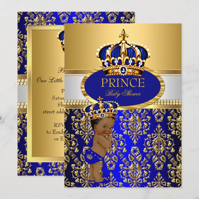 Invitation Fête de naissance Prince Ethnique Couronne Bleu Ro (Devant / Derrière)