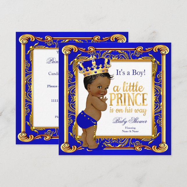 Invitation Fête de naissance Prince Ethnique Damassé Bleu Or (Devant / Derrière)