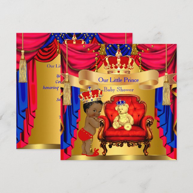 Invitation Fête de naissance Prince Ethnique Ours Doré Rouge  (Devant / Derrière)