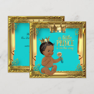 Invitation Fête de naissance Prince Ethnique Turquoise Bleu-v