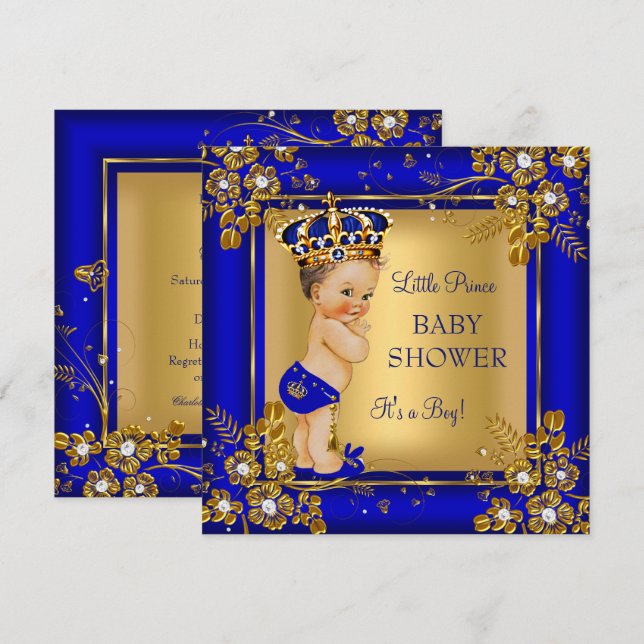 Invitation Fête de naissance Prince garçon Brunette Or Bleu (Devant / Derrière)
