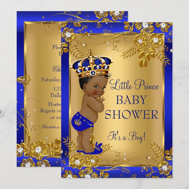 Invitation Fête de naissance Prince garçon Or Bleu Afro-Améri (Devant / Derrière)