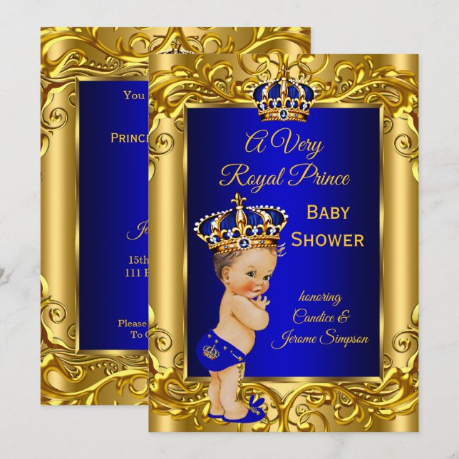 Invitation Fête de naissance Prince Royal Bleu royal or brune (Devant / Derrière)
