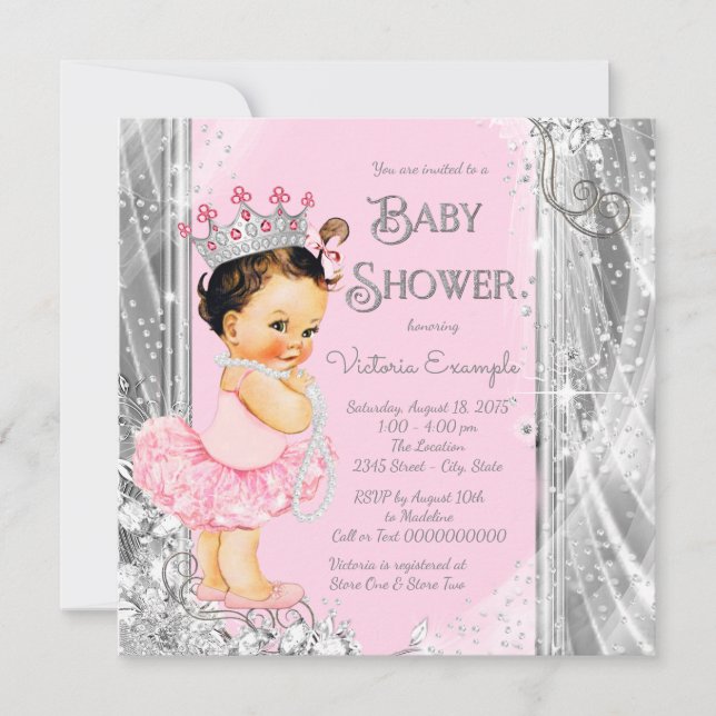 Invitation Fête de naissance Princesse Ballerine Rose Argent (Devant)