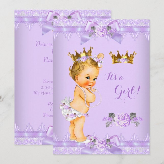 Invitation Fête de naissance Princesse Bébé Fille Blonde Rose (Devant / Derrière)