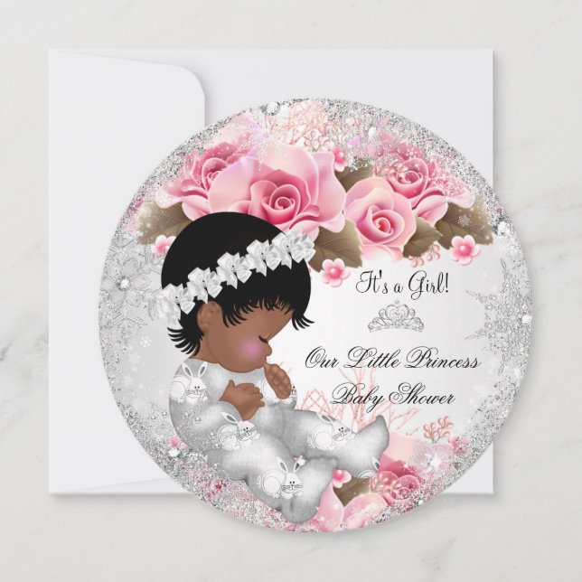 Invitation Fête de naissance Princesse Bébé Fille Rose Flocon (Devant)
