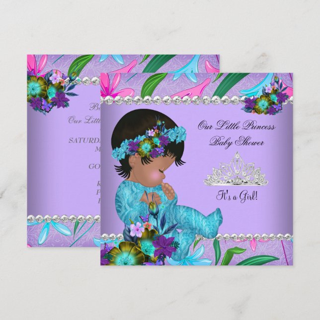 Invitation Fête de naissance Princesse Bébé Fille Rose Turquo (Devant / Derrière)