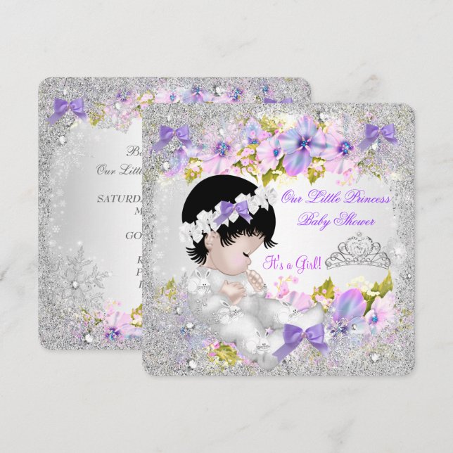 Invitation Fête de naissance Princesse Bébé Fille Rose Violet (Devant / Derrière)