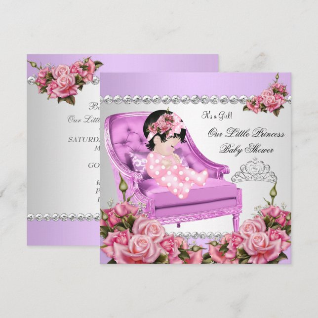 Invitation Fête de naissance Princesse Bébé Fille Roses Roses (Devant / Derrière)
