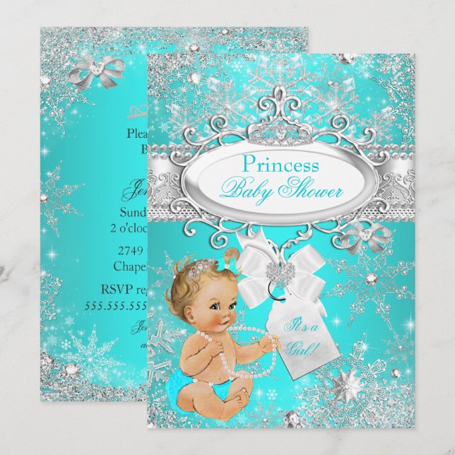 Invitation Fête de naissance Princesse Bébé Flocons de neige  (Devant / Derrière)