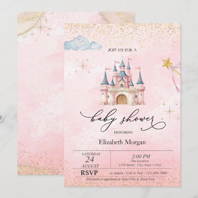 Invitation Fête de naissance Princesse Château Poussière d'Or (Devant / Derrière)