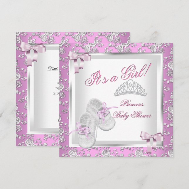 Invitation Fête de naissance Princesse Élégante Fille Rose Ro (Devant / Derrière)
