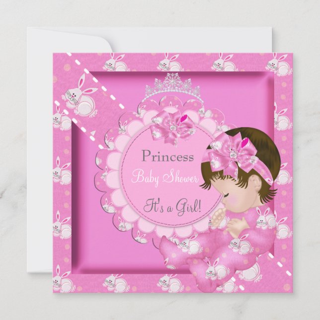 Invitation Fête de naissance Princesse Fille Bébé Rose Lapins (Devant)
