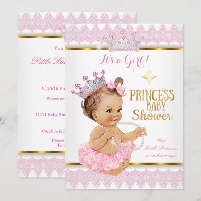 Invitation Fête de naissance Princesse Fille Rose Tutu Or Bru (Devant / Derrière)