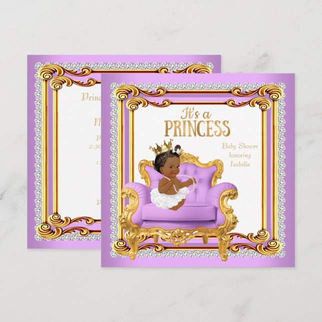 Invitation Fête de Naissance Princesse Lilac Rose Or Chaise E (Devant / Derrière)