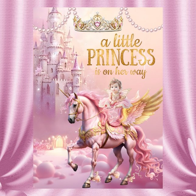 Invitation Fête de naissance Princesse Rose Bébé licorne chev (Créateur téléchargé)