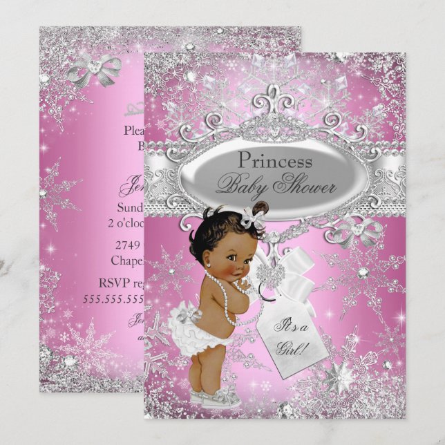 Invitation Fête de naissance Princesse Rose Hiver Ethnique (Devant / Derrière)