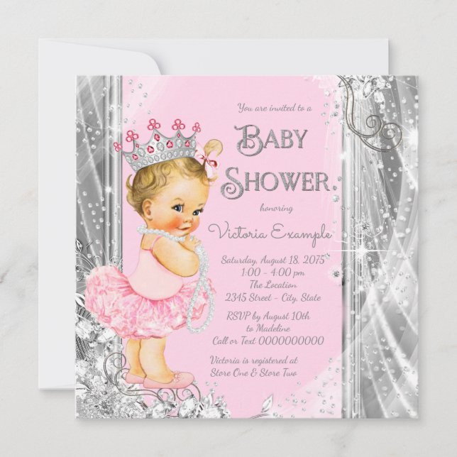 Invitation Fête de naissance Princesse Tutu Rose Argent (Devant)