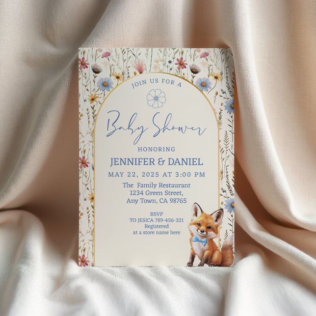Invitation Fête de naissance renard boisée poussiéreuse bleue (Créateur téléchargé)