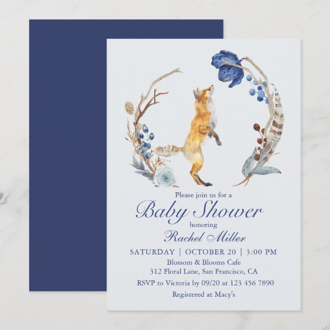 Invitation Fête de naissance Renard de la forêt à l'aquarelle (Devant / Derrière)