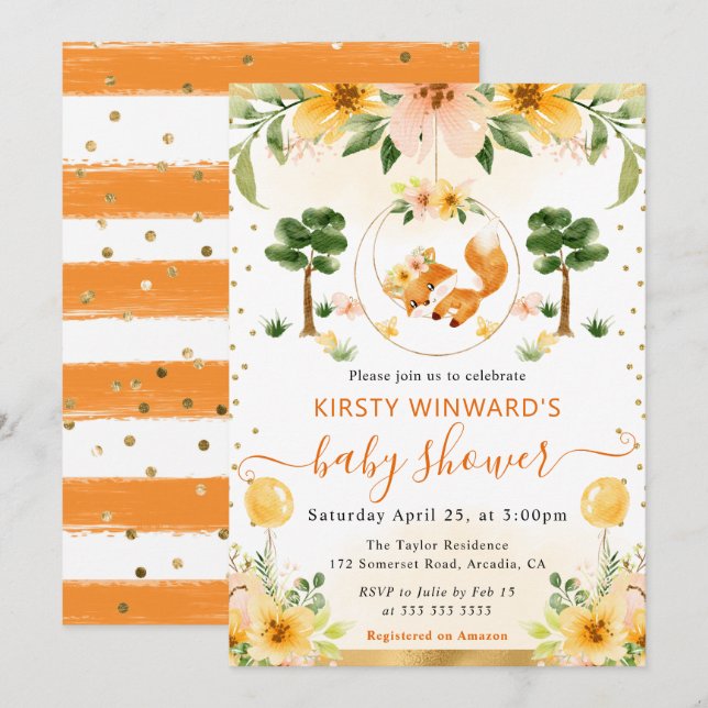 Invitation Fête de Naissance Renard Floral Mignon Aquarelle (Devant / Derrière)