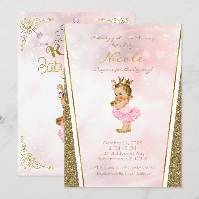 Invitation Fête de naissance rétro de princesse avec paillett (Devant / Derrière)