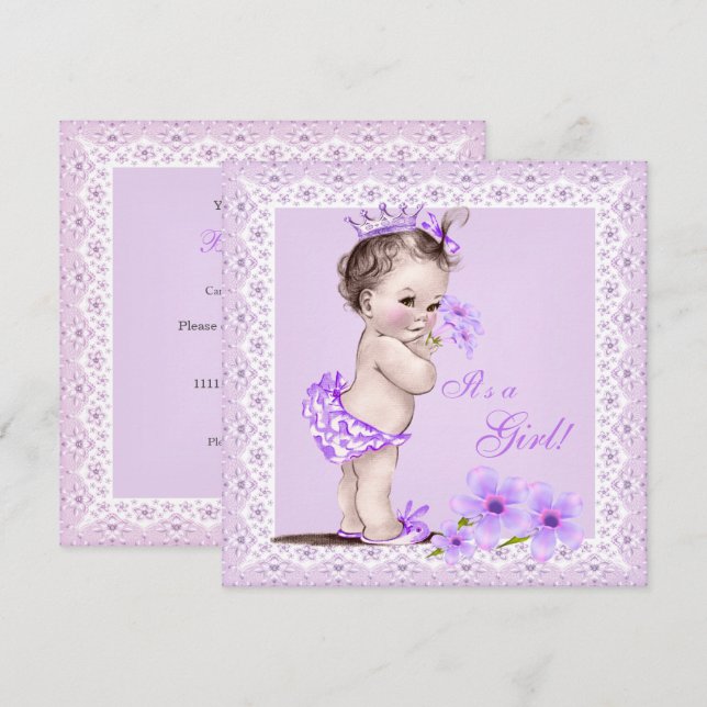 Invitation Fête de naissance rétro fille jolies fleurs lavand (Devant / Derrière)