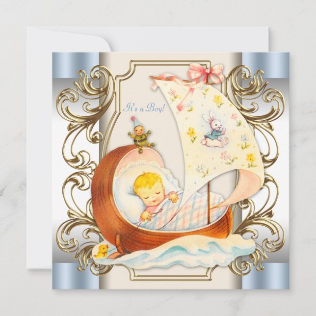 Invitation Fête de naissance rétro pour bébé garçon, beige et (Devant)