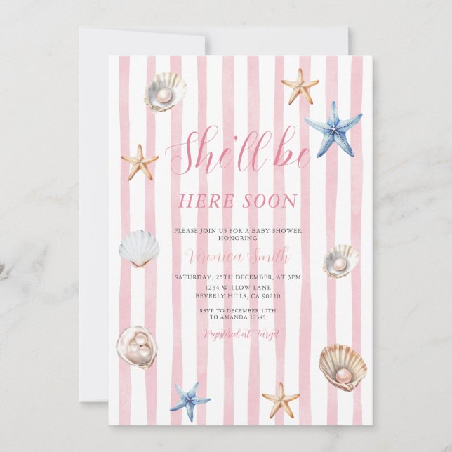 Invitation Fête de naissance Rose Côtière Elle sera bientôt l (Devant)