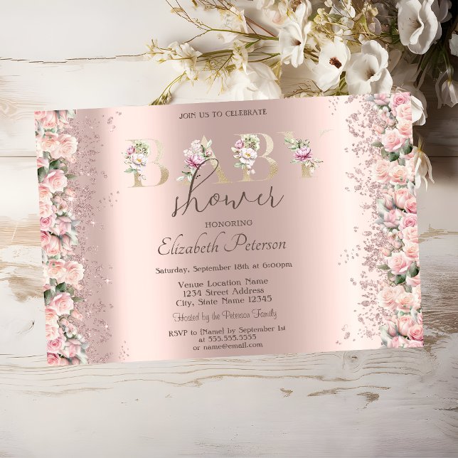 Invitation Fête de naissance Rose Gold avec roses pailletées  (Créateur téléchargé)